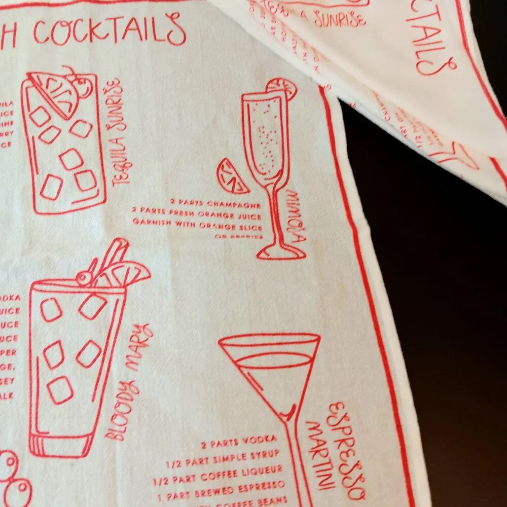 Brunch Cocktails Tea Dish Towel Bar Cart Mixology 100% Cotton Set Of Two
